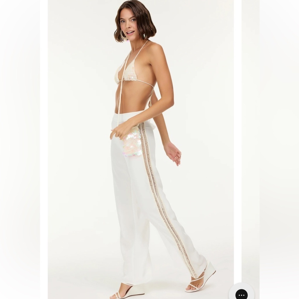 NWT My Beachy Side Begonia White Beaded Cover-Up Wide-Leg Pants small
